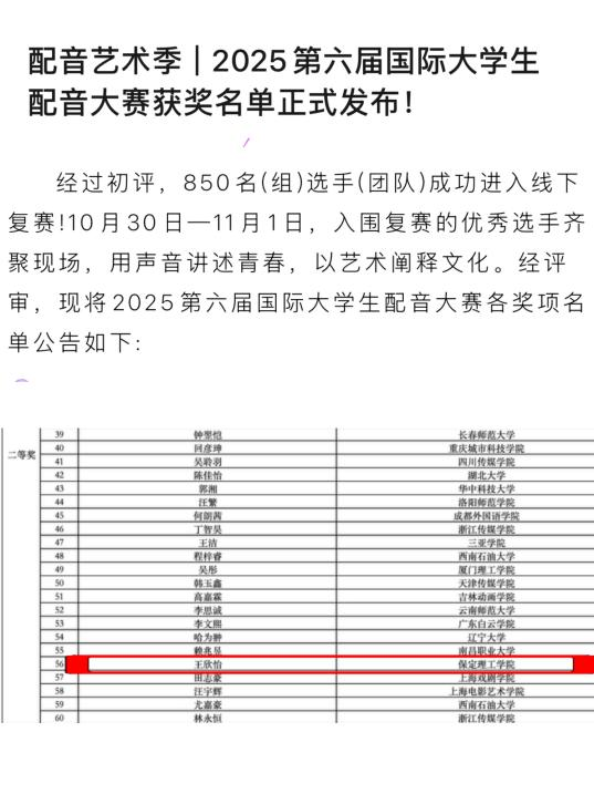 艺术学院播音与主持艺术专业学子荣获 第六届国际大学生配音艺术节全国二等奖